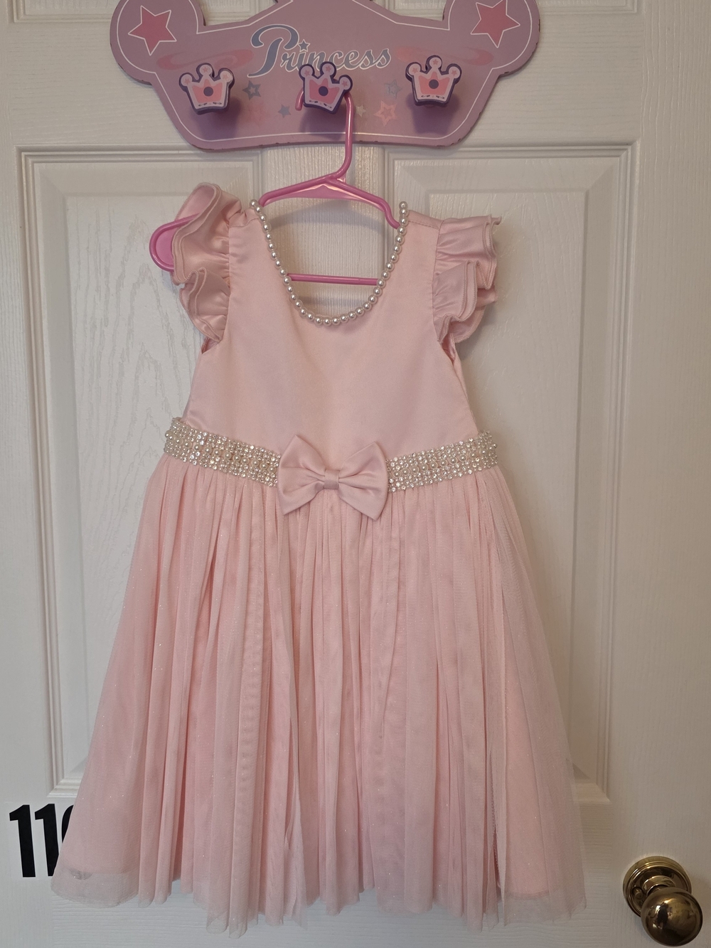 Girls Pink Party Dress with Pearl Trim and Bow